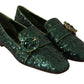 Emerald Sequined Loafers with Crystal Gems