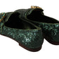 Emerald Sequined Loafers with Crystal Gems