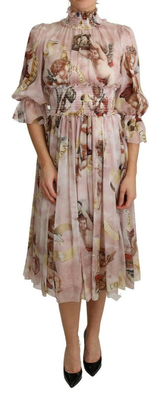 Elegant Pink Angel Print Midi Dress