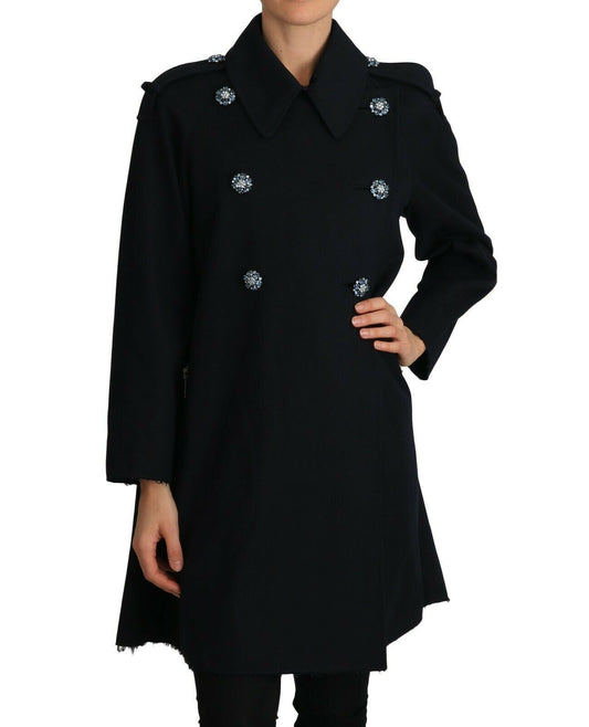 Elegant Black Double-Breasted Crystal Trench