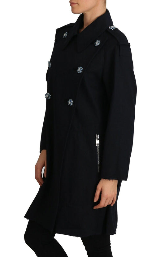 Elegant Black Double-Breasted Crystal Trench