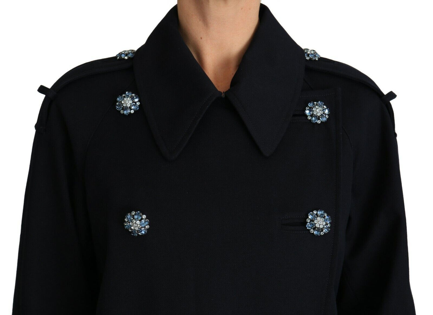 Elegant Black Double-Breasted Crystal Trench