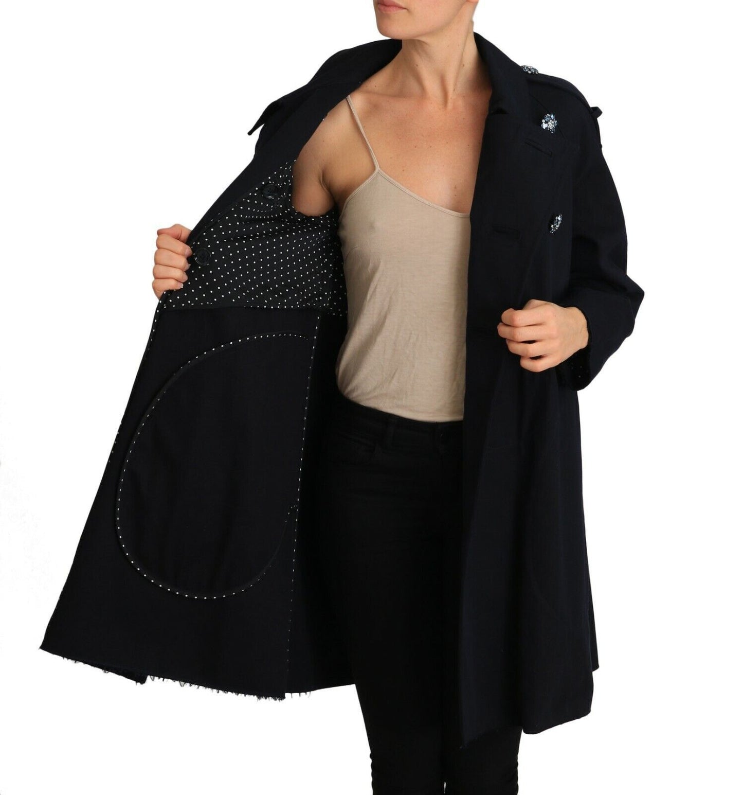 Elegant Black Double-Breasted Crystal Trench