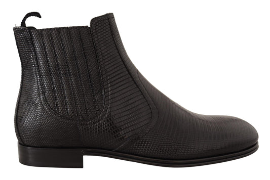 Elegant Black Leather Lizard Skin Derby Boots