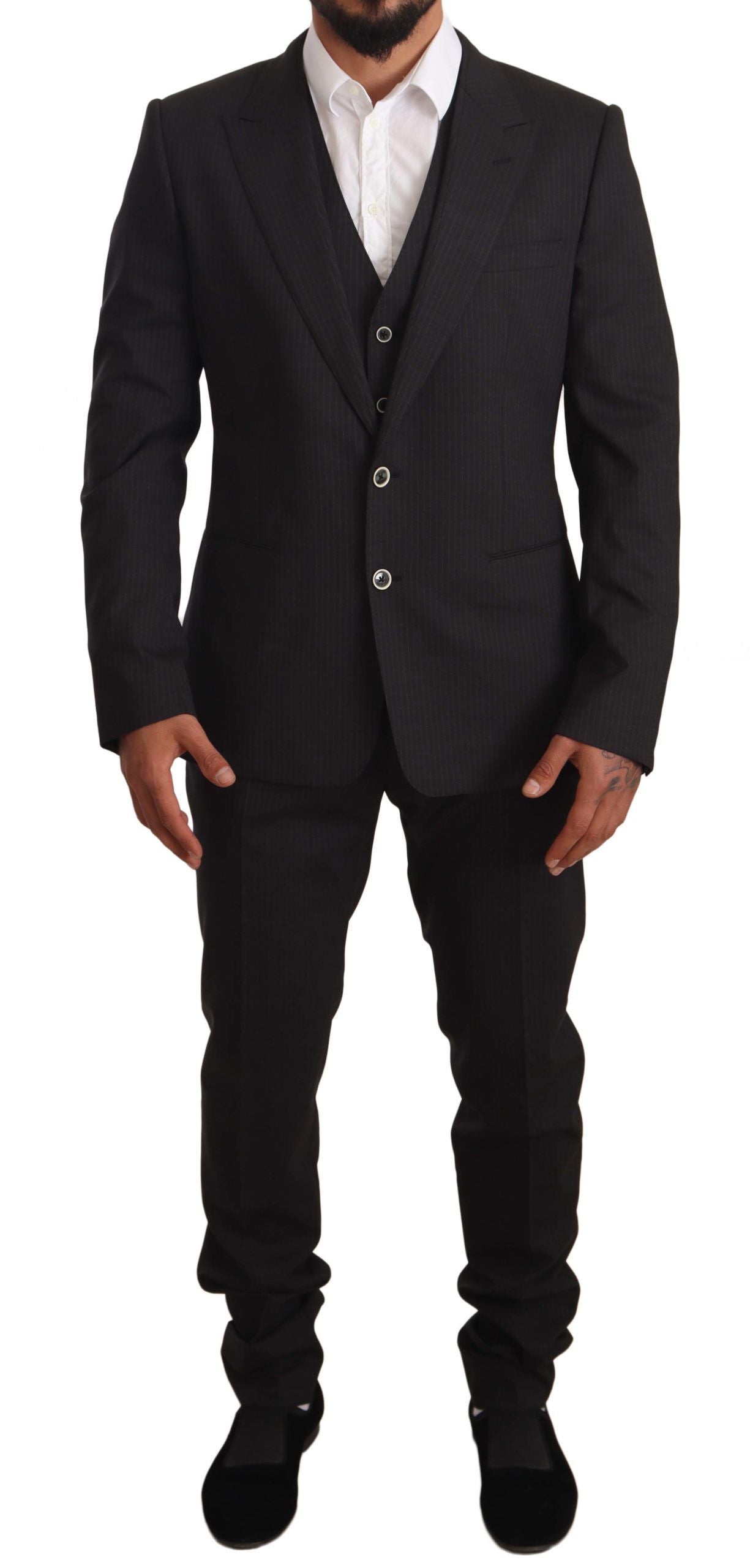 Elegant Gray Striped Three-Piece Wool Suit