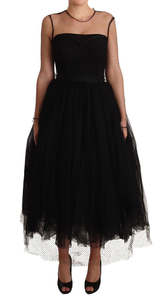 Elegant Black Tulle Midi A-Line Dress