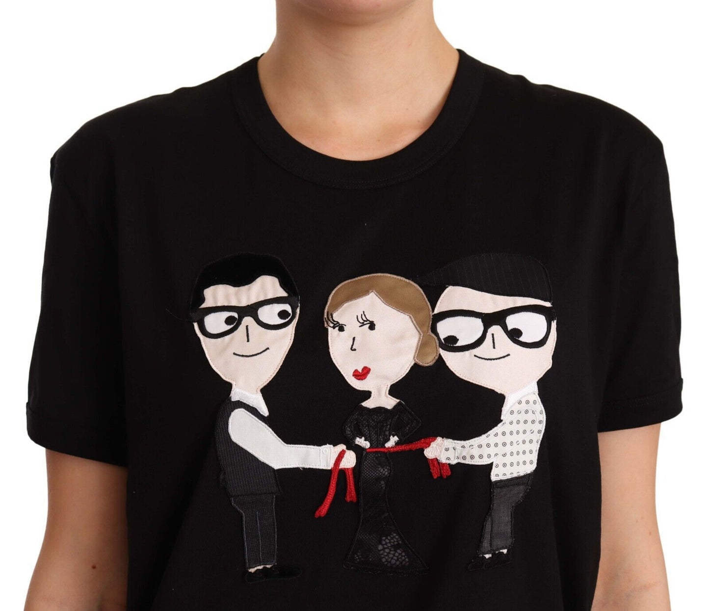 Chic Black Cotton Crewneck Tee with Ribbed Trim