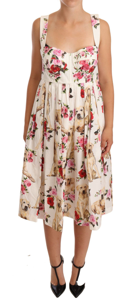 Elegant White Floral Midi Pleated Dress