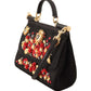 Elegant Black Brocade Shoulder Bag with Red Roses