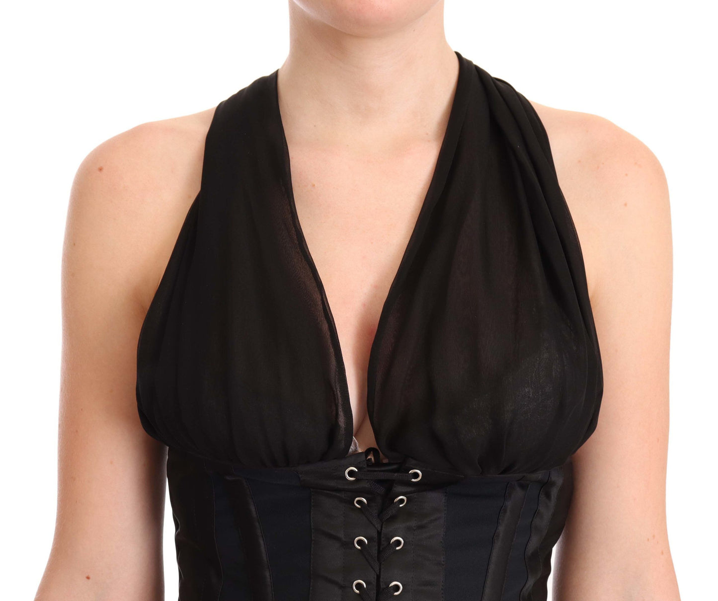 Elegant Black Halter Midi Silk Dress