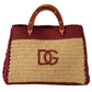 Chic Beige Raffia Tote with Maroon Accents