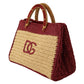 Chic Beige Raffia Tote with Maroon Accents