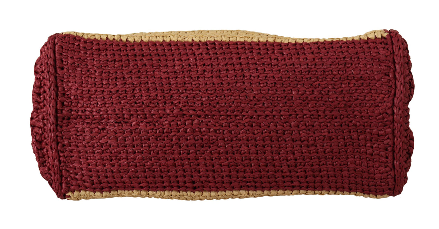 Chic Beige Raffia Tote with Maroon Accents
