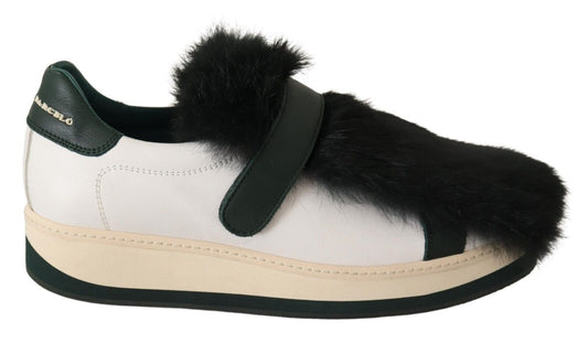 Elegant White Leather Fur-Trimmed Sneakers