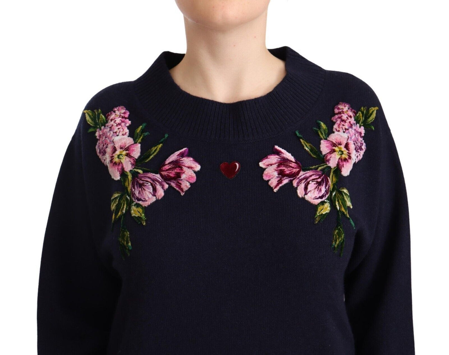 Floral Embroidered Blue Cashmere Sweater