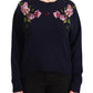 Floral Embroidered Blue Cashmere Sweater