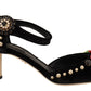 Elegant Velvet Studded Heels with Floral Accent