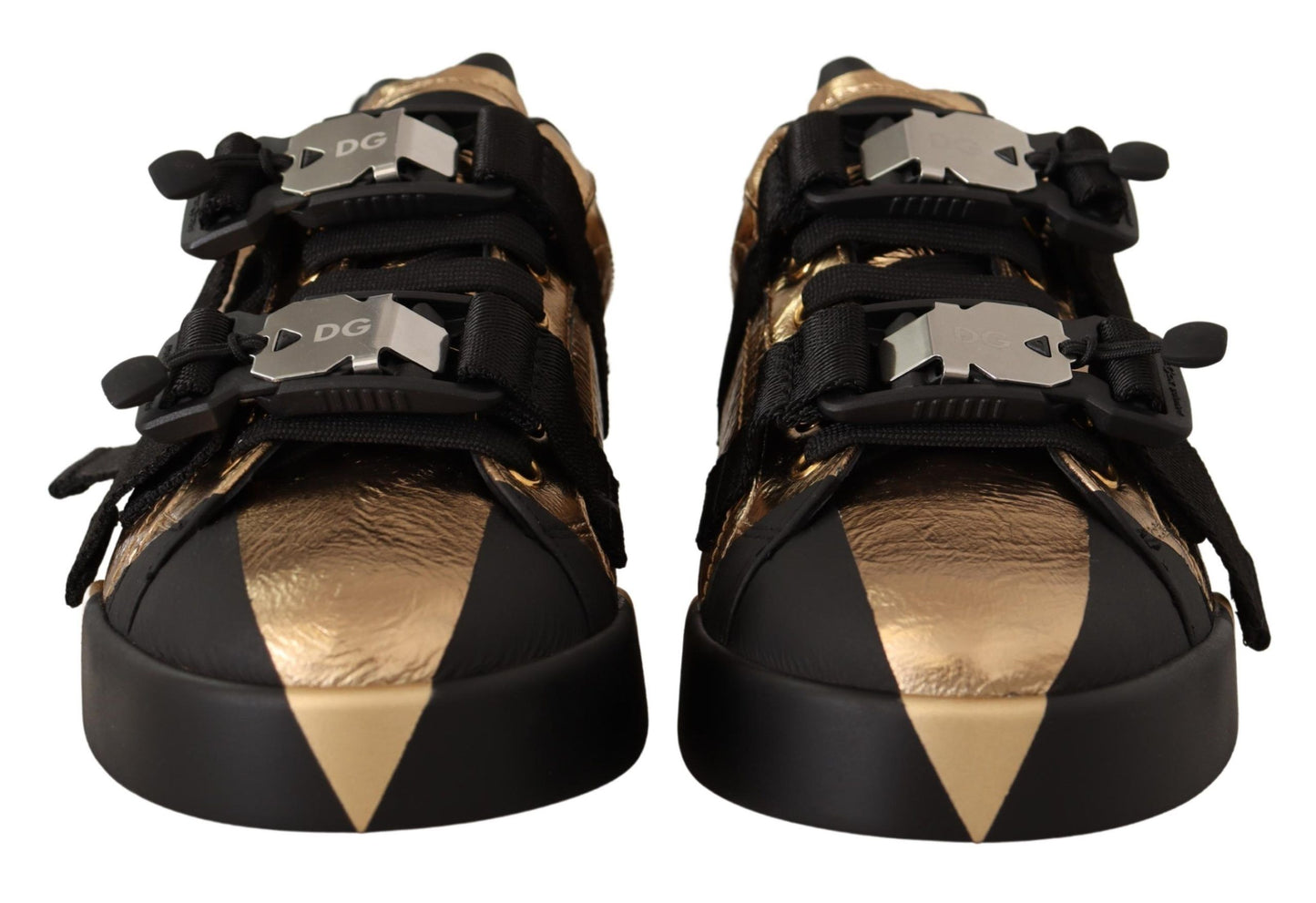 Elegant Gold Black Leather Sneakers