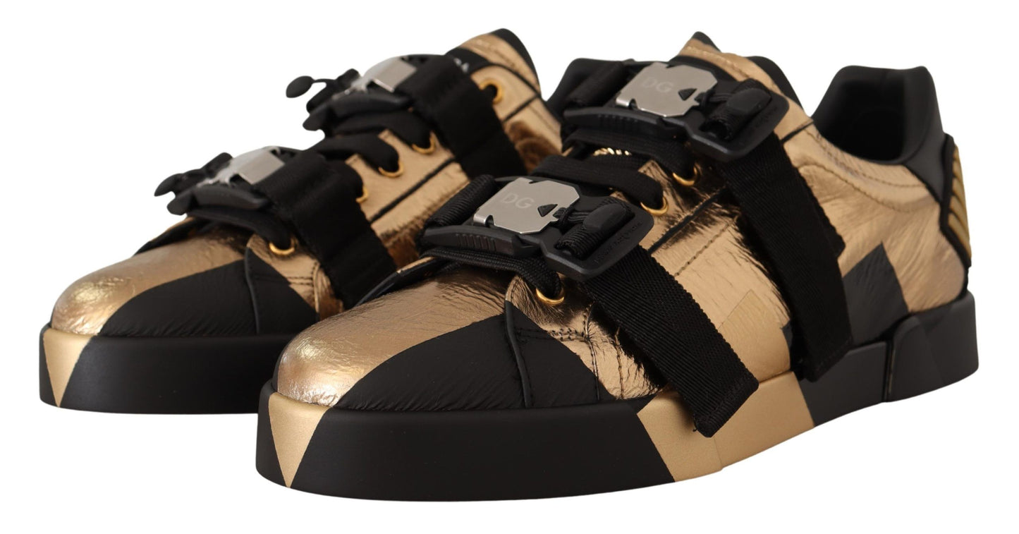 Elegant Gold Black Leather Sneakers