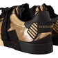 Elegant Gold Black Leather Sneakers
