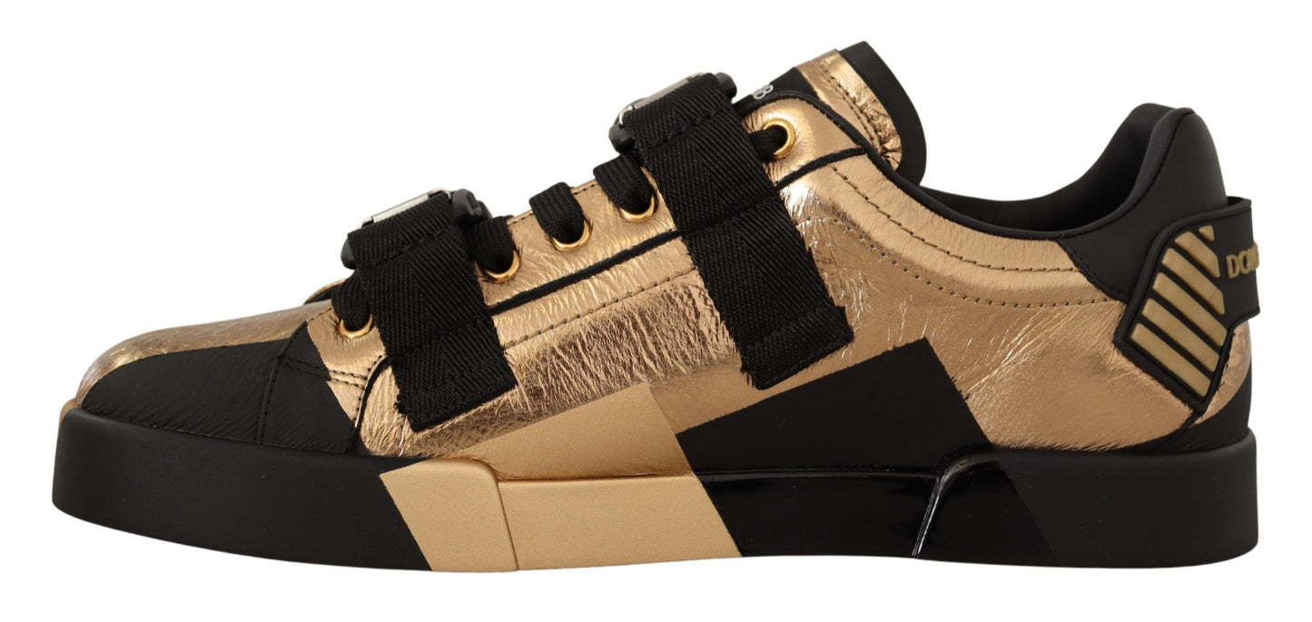 Elegant Gold Black Leather Sneakers
