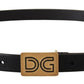 Elegant Black Leather Belt with Gold Buckle
