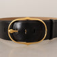 Elegant Black Leather Belt with Gold Oval Buckle
