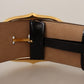 Elegant Black Leather Belt with Gold Oval Buckle