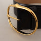 Elegant Black Leather Belt with Gold Oval Buckle