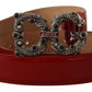 Elegant Red Leather Pearl Buckle Belt