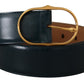 Elegant Blue Leather Belt with Gold Buckle