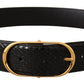 Chic Black Python Leather Belt with Gold Buckle