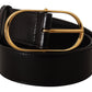 Elegant Black Leather Belt with Gold Oval Buckle