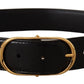 Elegant Black Leather Belt with Gold Oval Buckle
