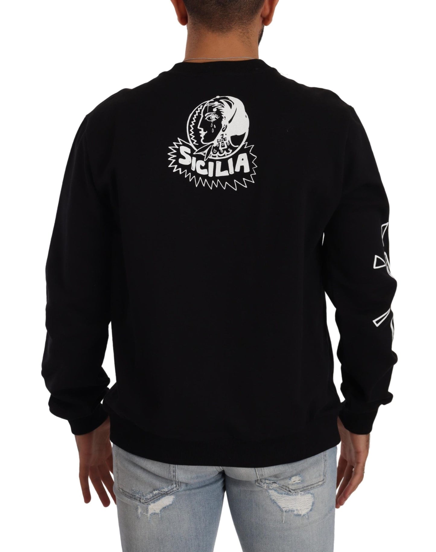 Sicilian Motif Black Cotton Sweater