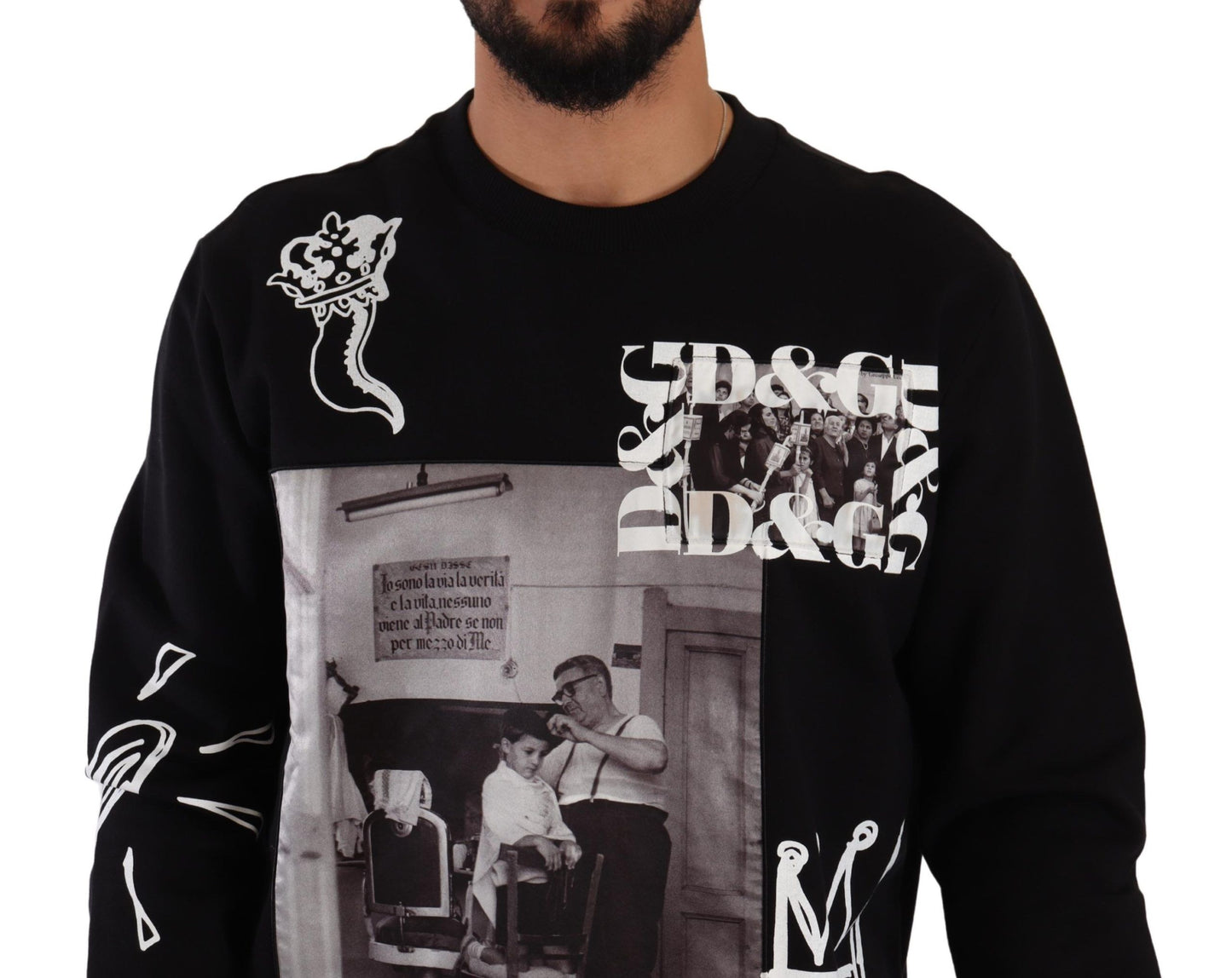 Sicilian Motif Black Cotton Sweater