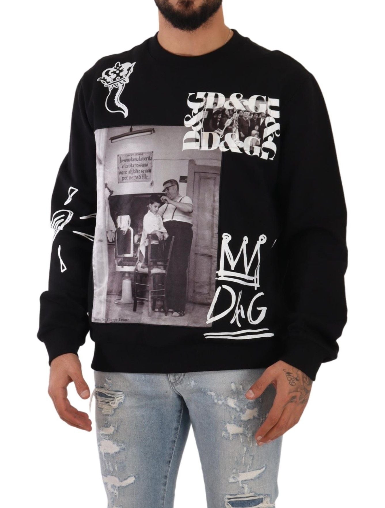 Sicilian Motif Black Cotton Sweater