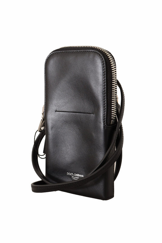 Sleek Black Leather Phone Pocket Neck Strap