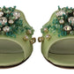Elegant Crystal-Embellished Green Leather Slides
