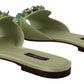Elegant Crystal-Embellished Green Leather Slides
