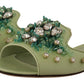 Elegant Crystal-Embellished Green Leather Slides