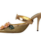 Floral Embellished Gold Leather Heels