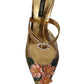 Floral Embellished Gold Leather Heels