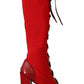 Red Lace-Up Knee High Leather Boots