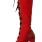 Red Lace-Up Knee High Leather Boots