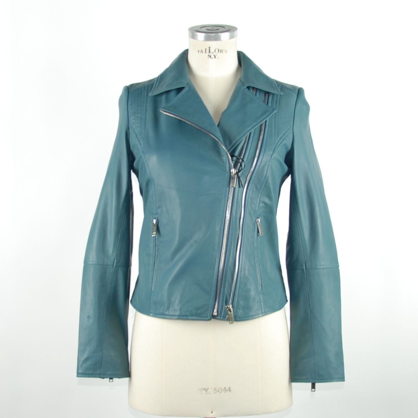 Chic Blue Leather Jacket with Zip Closure