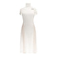 Chic Beige Short Sleeve Long Dress with Eyelet Ribbon