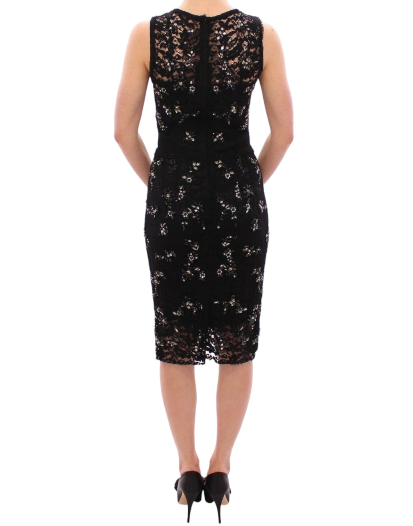 Elegant Black Floral Lace Crystal Dress