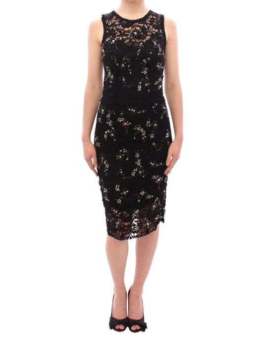 Elegant Black Floral Lace Crystal Dress