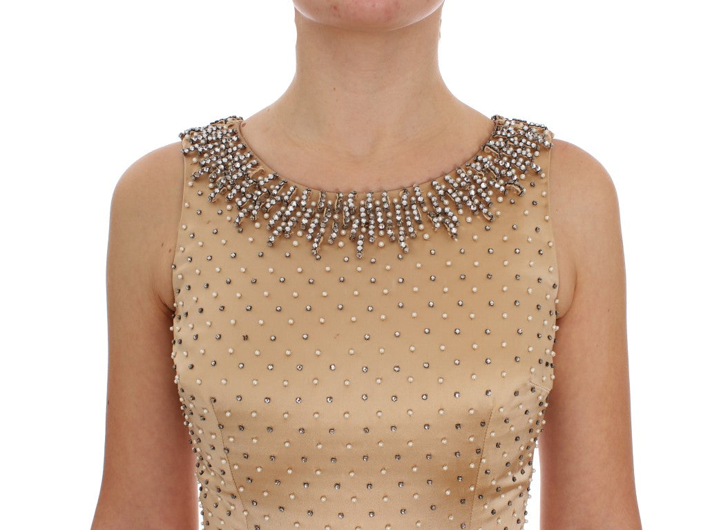 Beige Crystal Embellished Full Length Dress
